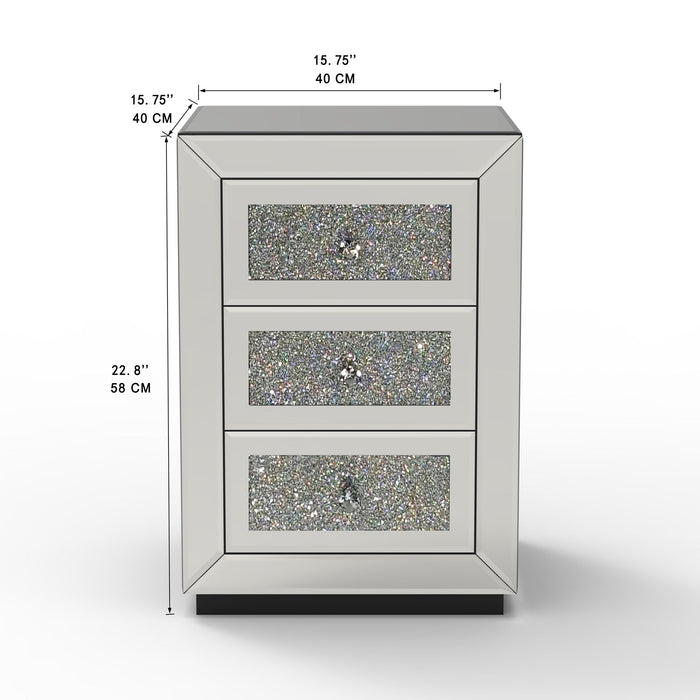 3 Drawer Nightstand With Glass Accents, Bedside Table For Bedroom - Silver