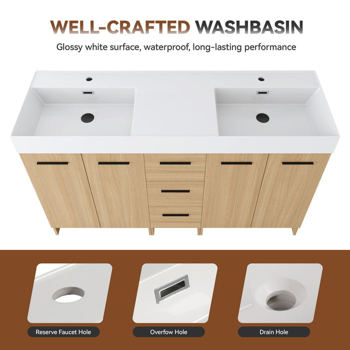 Double Sink Bathroom Vanity Set With Tall Linen Cabinet, 3 Drawers, Extra Large Storage, Integrated Sink, Freestanding Cabinet - Light Oak / White