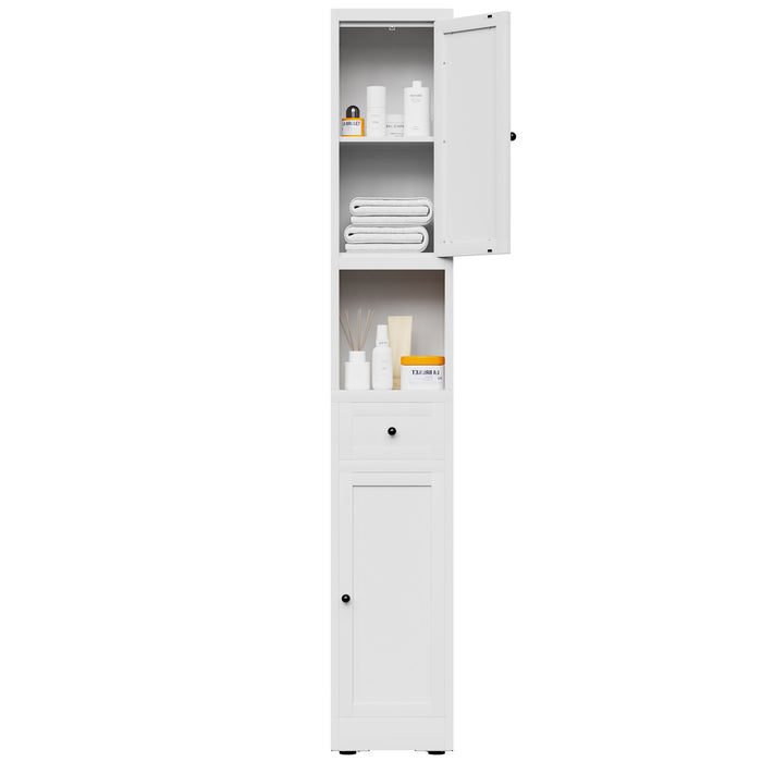 Tall Bathroom Storage Cabinet, 5-Tier Narrow With 2 Doors & Adjustable Shelves, Freestanding - White
