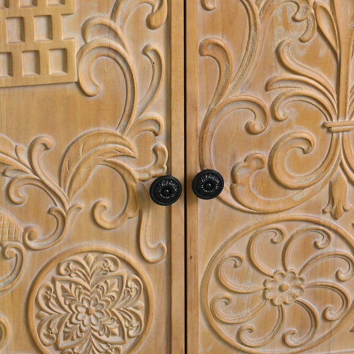 Accent Flower Carved Door Sideboard Cabinet With 2 Drawers For Kitchen - Natural Wood Wash / White