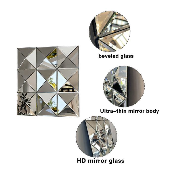 3D Beveled Wall Mirror With Frame, Large Square Design For Living Room - Silver