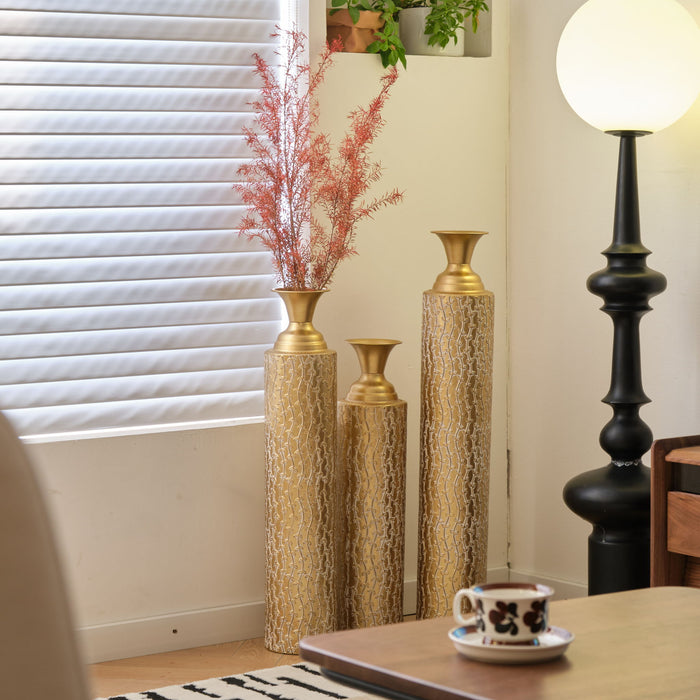 Metal Decorative Vases High Distress Metal Center Vases With Growing Vine Patterns, (Set of 3) Vases For Home Decoration - Gold