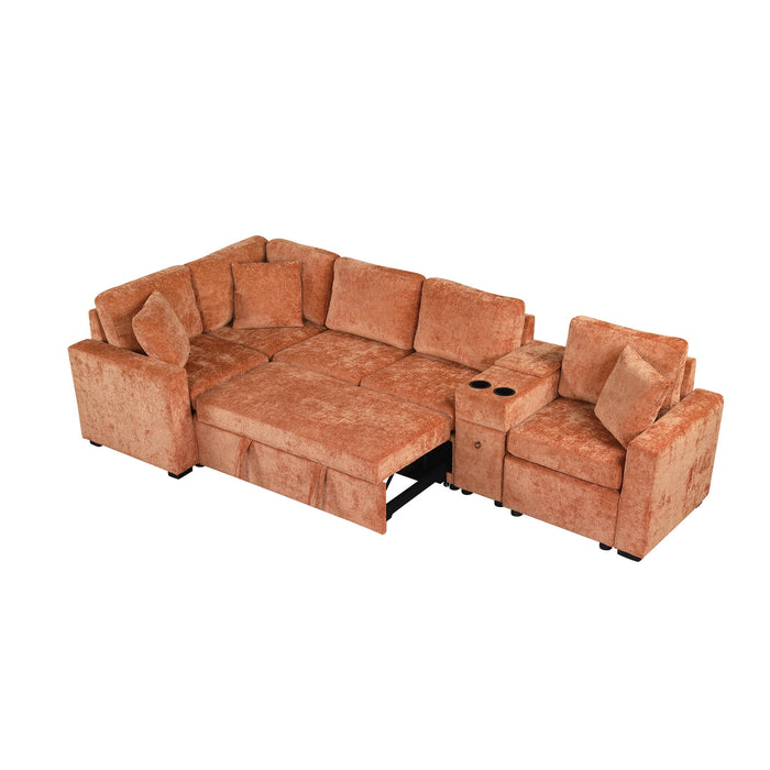 Contemporary L Shaped Convertible Sofa Bed With Pull Out Bed, Cup Holders, And Storage