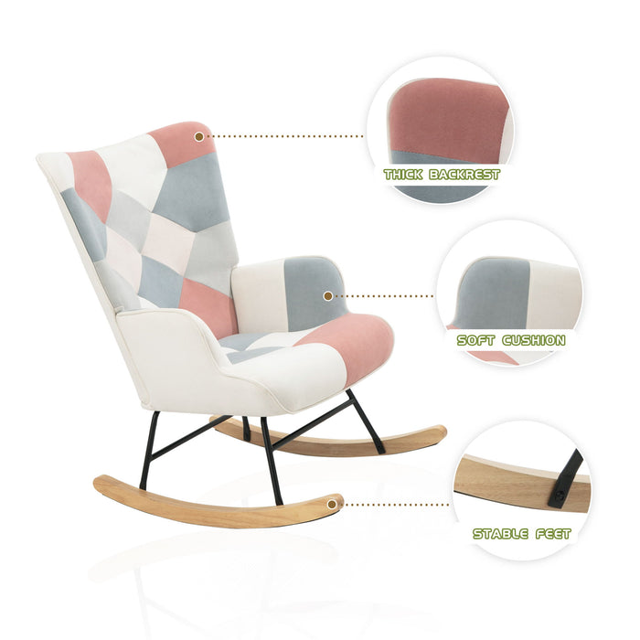 Mid Century Rocking Chair With Ottoman Patchwork Linen Wood Legs Design Living Room And Bedroom - Colorful