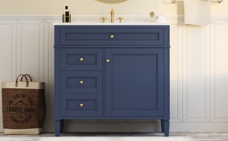 Bathroom Vanity With Top Sink, Modern Bathroom Storage Cabinet, 2 Drawers And A Tip-Out Drawer, Single Sink Bathroom Vanity - Blue