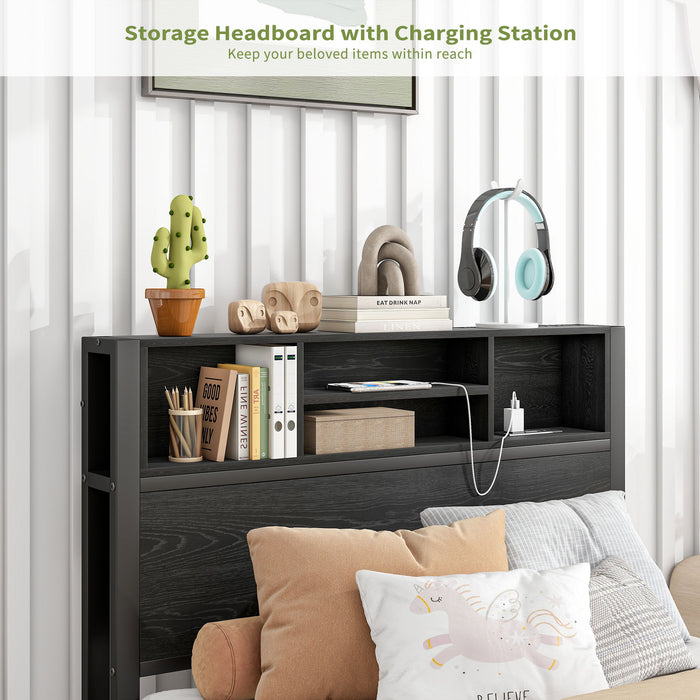 Modern Metal Platform Bed Frame With Storage Headboard And Charging Station