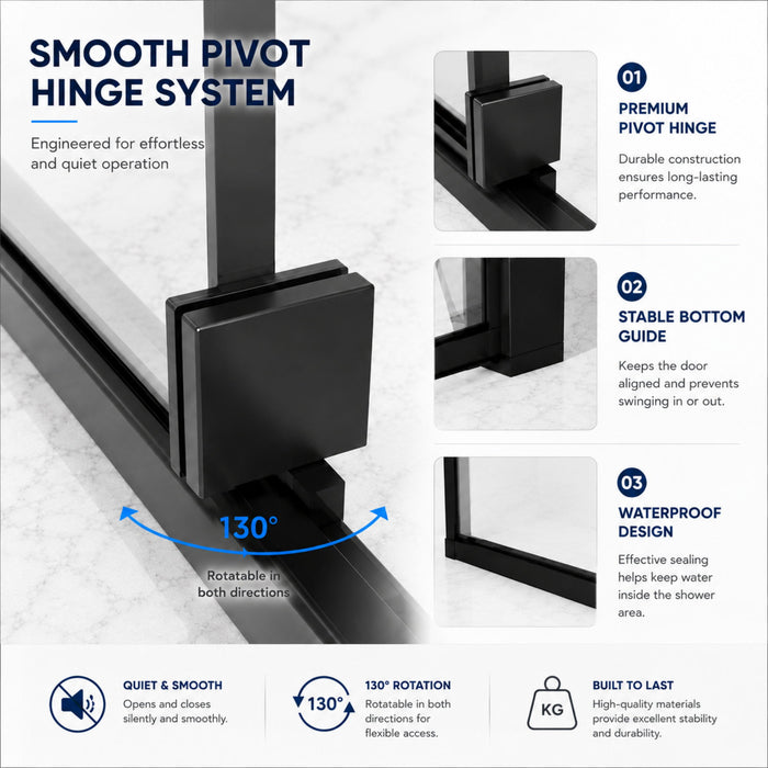 Semi-Frameless Pivot Hinged Shower Door, Reversible Design