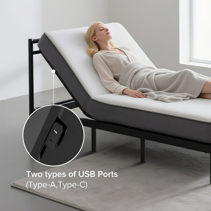 Adjustable Bed Frame With Massage Head & Foot Incline, Wireless Remote, USB Ports, LED Night Light