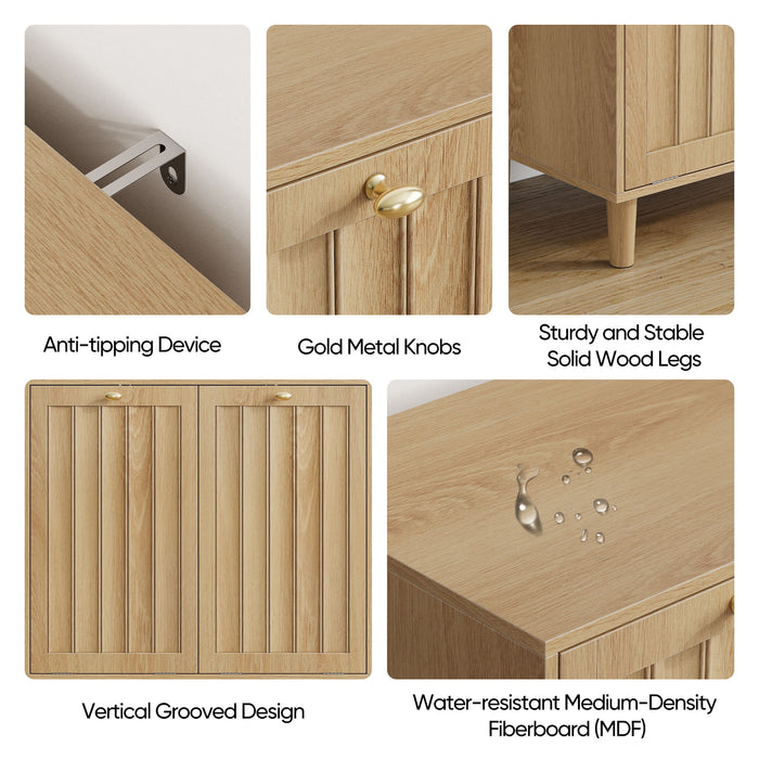 Sloping Laundry Basket With Removable Inner Bin, Concealed Storage Cabinet For Bathroom - Oak
