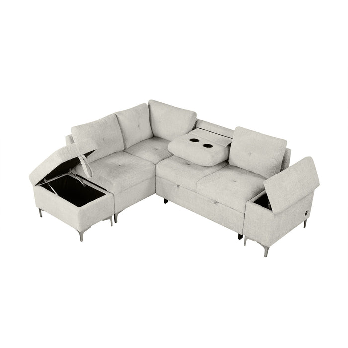 Versatile L Shaped Sofa Bed With Storage, Cup Holders, USB Ports Chenille