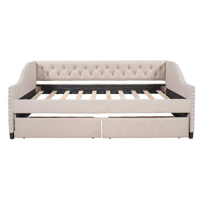 Upholstered Daybed With Two Drawers, Wood Slat Support