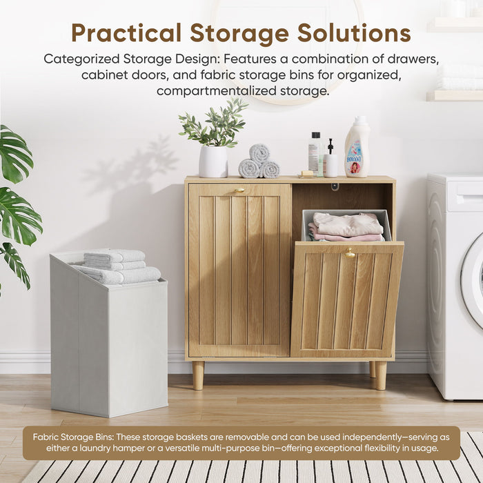 Sloping Laundry Basket With Removable Inner Bin, Concealed Storage Cabinet For Bathroom - Oak