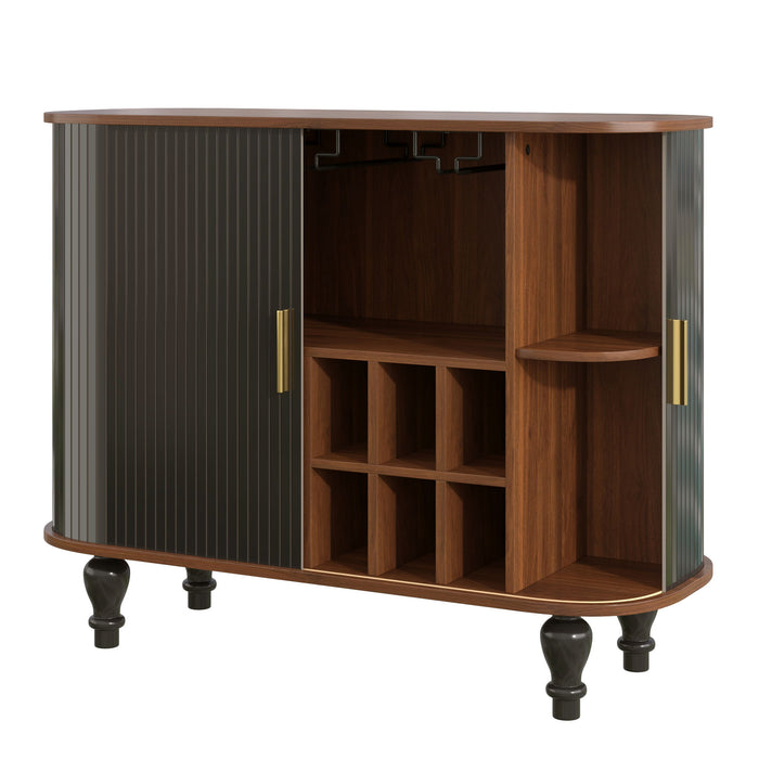 Fluted Liquor & Coffee Bar Cabinet With 6 Wine Racks And 3 Glass Holders