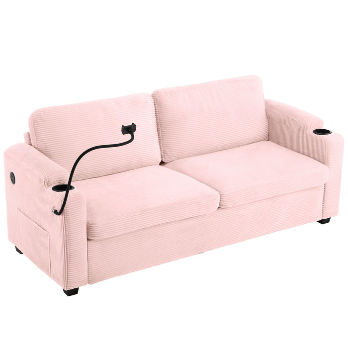 Sleeper Sofa Loveseat Sofa With Full Size Mattress, 2 USB Ports, 2 Cup Holders, 2 Side Pockets And Phone Holder
