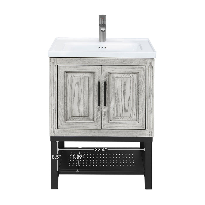 Modern Freestanding Bathroom Vanity With Ceramic Sink, Hot And Cold Faucet, Storage Cabinet & Open Shelf