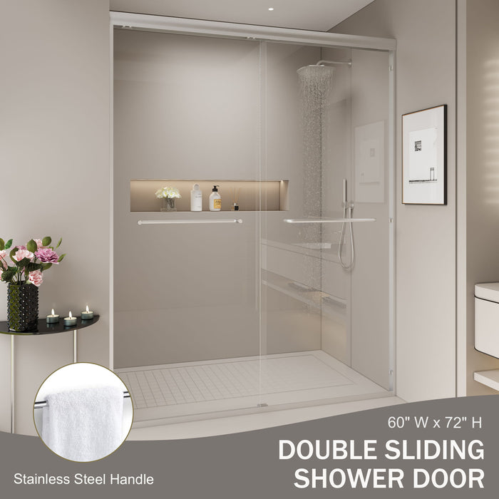 Double Sliding Shower Door, Semi-Frameless Bypass Bathroom Sliding Door With 1/4" (6 Mm) Tempered Glass For Walk-In Shower