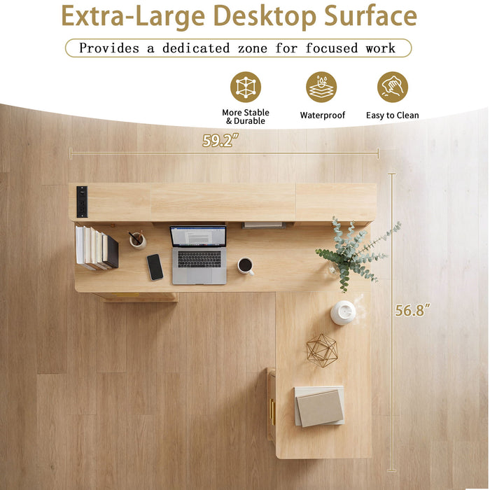 Fluted L-Shaped Desk With Charging Station & Storage Cabinet