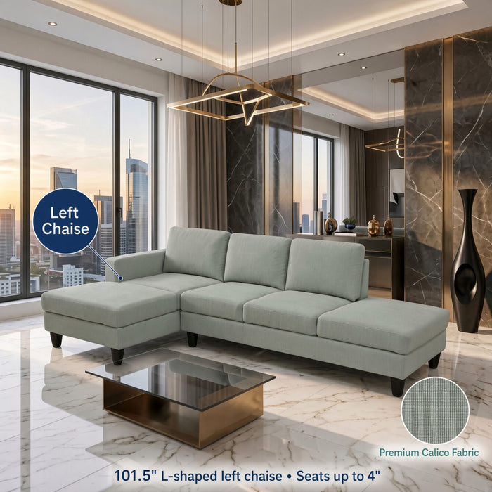 L - Shaped Sectional Sofa With Left Chaise & Ottoman - Pale Green