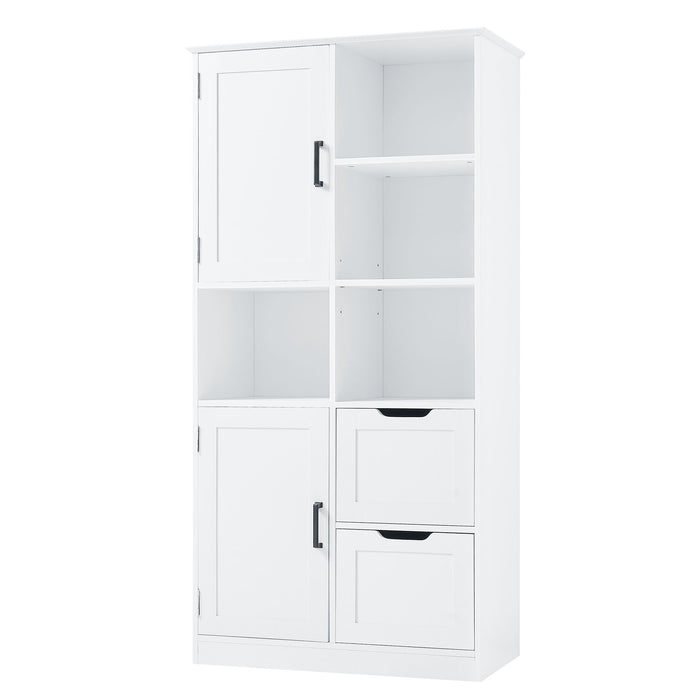 Freestanding Bathroom Storage Cabinet With Doors And Drawers, Adjustable Shelf, Open Shelves - White