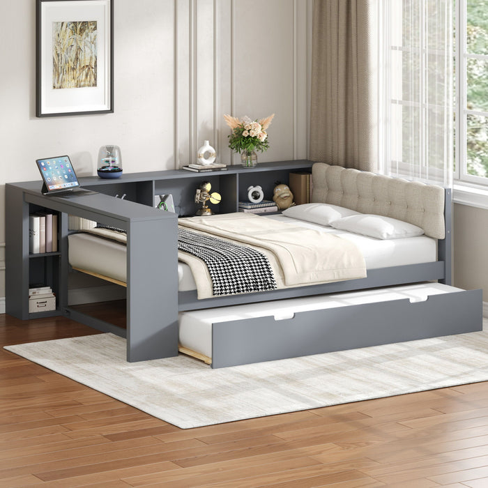 Upholstered Headboard Platform Bed With Storage Shelves, Trundle, Charging Station