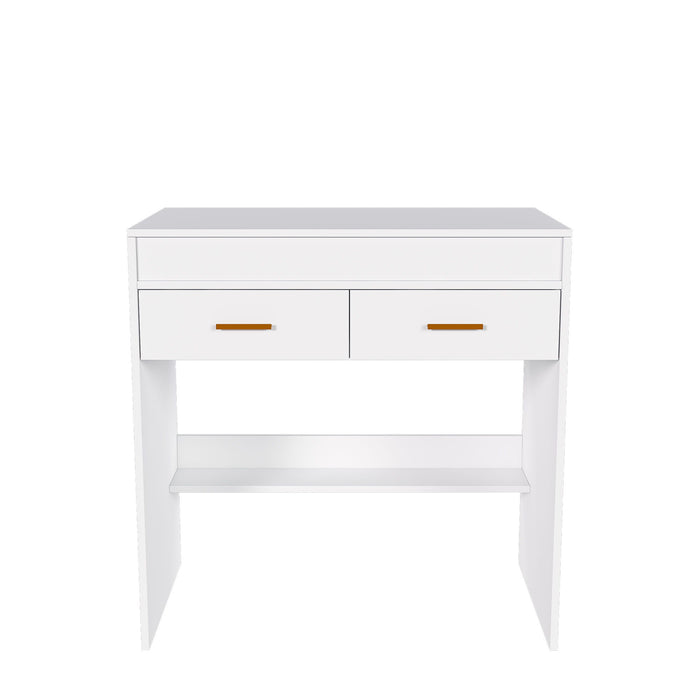 Flip Top Vanity Desk With LED Mirror & Outlet Makeup Table With 2 Drawers, Open Storage, And Jewelry Hooks - White