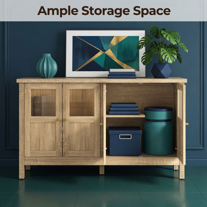 Buffet Cabinet With 4 Doors, Adjustable Shelves Handles - Natural