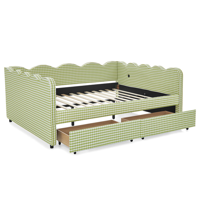 Gingham Daybed With USB Charging Port, Wave-Shaped Design