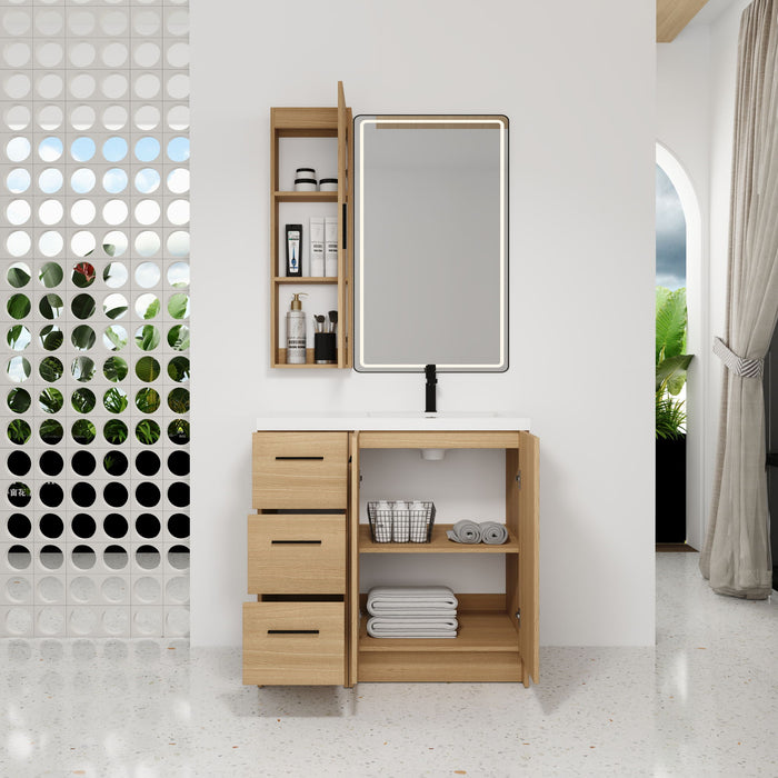 Freestanding Bathroom Vanity Set With Tall Linen Cabinet, 3 Drawers And Large Storage, Single Sink