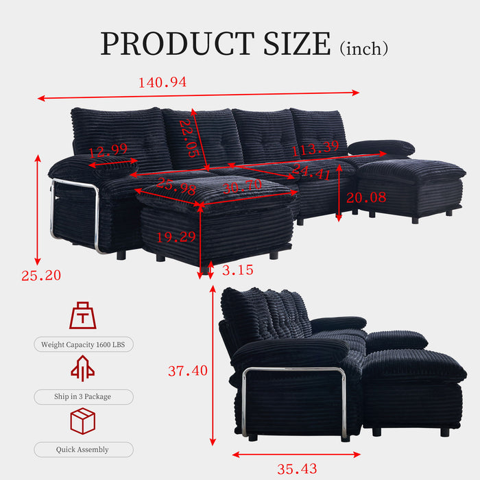 Upholstery Modular Sectional Sofa , 4 Seater With 2 Ottomans For Living Room - Black