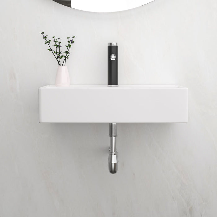 Modern Ceramic Rectangular Wall Mounted Bathroom Sink With Faucet Hole & Overflow