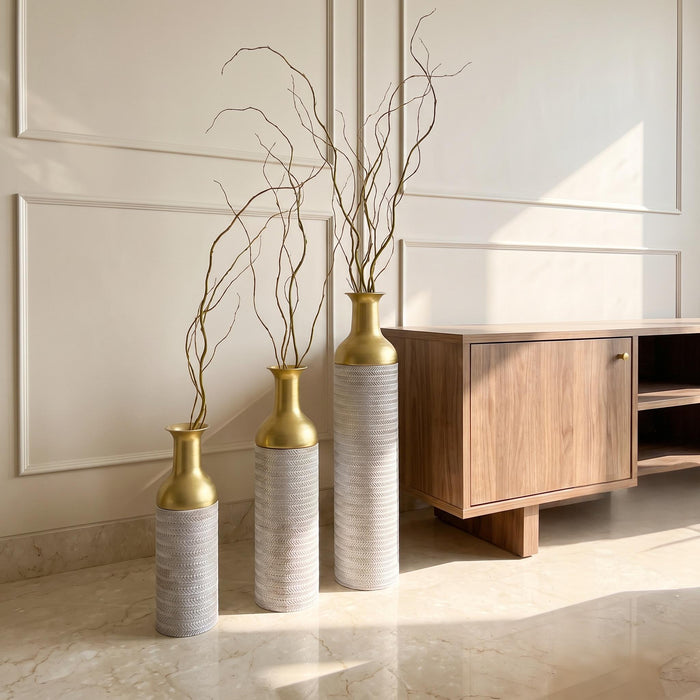 Decorative Tall Floor Vases For Home Decor (Set of 3) - White / Gold