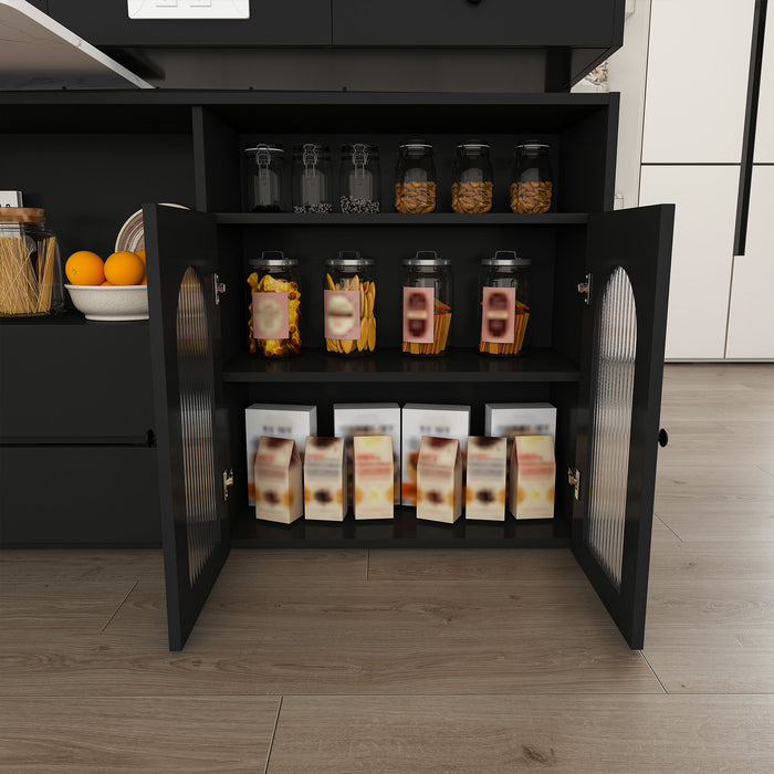 Kitchen Island With Extendable Rotating Table, 4 Drawers & Glass Door Cabinets, Built In Socket - Black