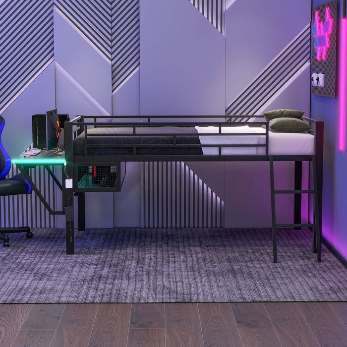 Gaming - Twin Loft Bed With Desk And LED - Black