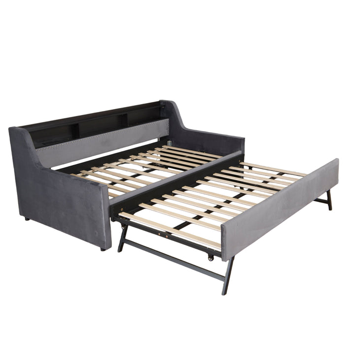 Twin Size Daybed With Trundle With LED Light ＆ Charging Station - Dark Gray