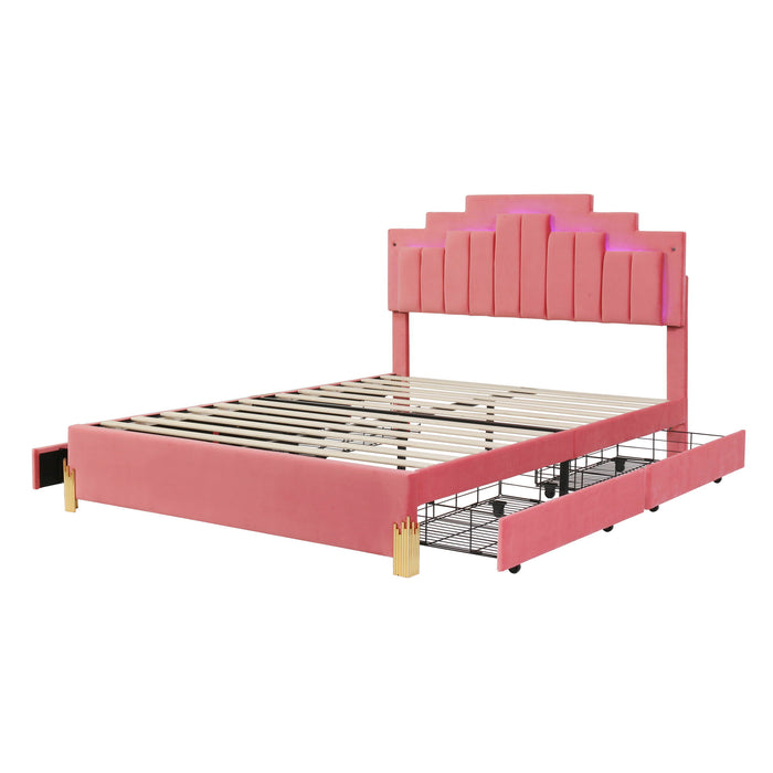 Queen Size Upholstered Platform Bed With LED Lights And 4 Drawers, Stylish Irregular Metal Bed Legs Design - Pink