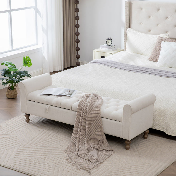 Modern Upholstered Storage Bench With Rolled Armrests]