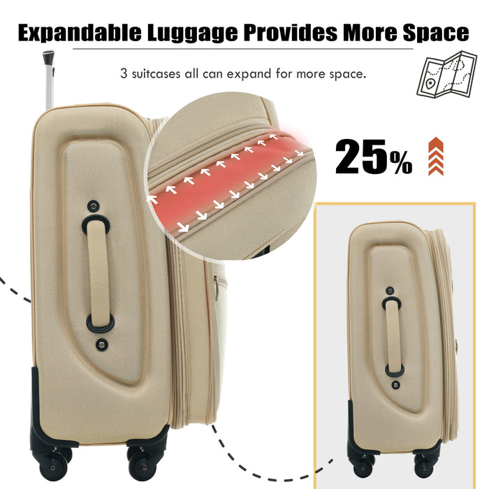 Softside Luggage Expandable 3 Piece Set Upright Spinner Lightweight Suitcase