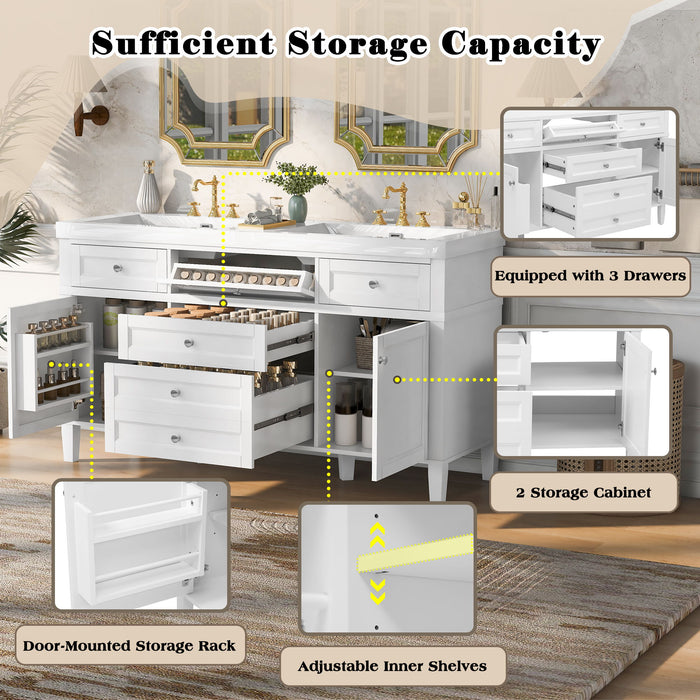 Bathroom Vanity With Double Sink, 3 Drawers, 2 Doors, Adjustable Shelves, Freestanding - White