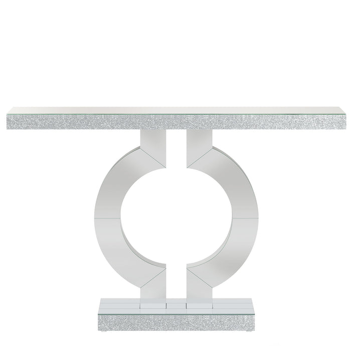Mirrored Console Table With O-Shaped Base For Living Hallway - Silver / Clear