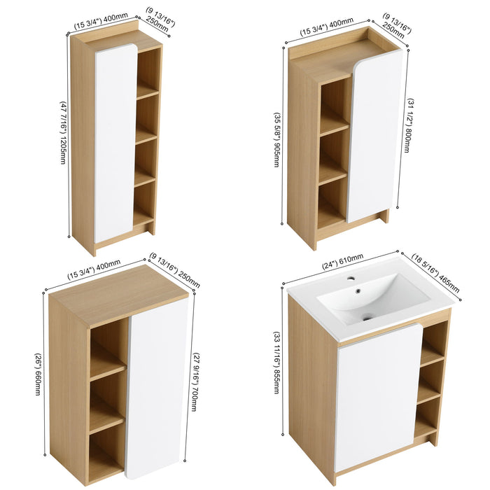 4 Piece Bathroom Vanity Set With Sink, Vanity Combo With Storage Cabinets - Black / Light Oak / White