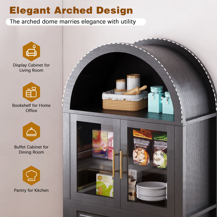 Arched Kitchen Pantry Cabinet With Adjustable Shelves And Barn Door Design