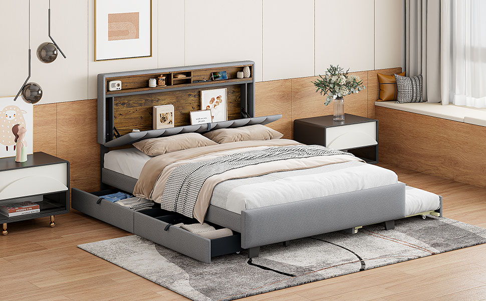 Upholstered Platform Bed With Storage Headboard, Trundle & 2 Drawers And A Set Of Sockets & USB Ports