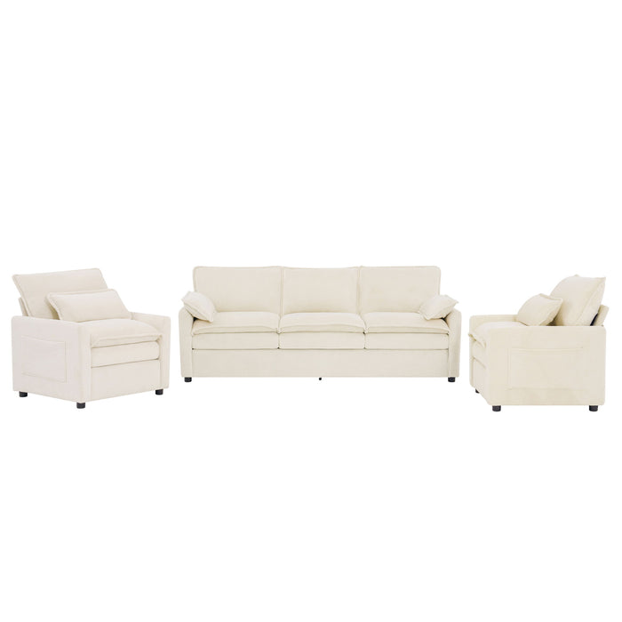 Modern Sofa Set With Double Layer Cushion And Side Storage Pockets