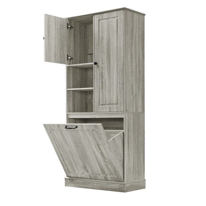 Modern Tall Storage Cabinet With Adjustable Shelves, Flip-Out Basket & Enclosed Doors