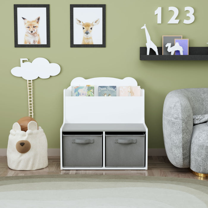 Bookshelf With Storage Bins, Bookcase With Book Display Shelf And 2 Bins, Cute Bear Shaped Backboard, Toy Organizer - White