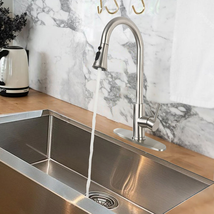 Classic High Arc Kitchen Faucet With Pull Down Sprayer, Stainless Steel - Brushed Nickel