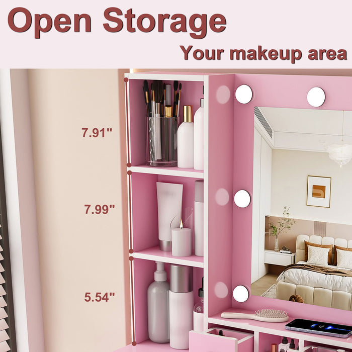 Vanity Table With Mirror, Adjustable LED Lights, Power Outlet, Hairdryer Holder & Stool