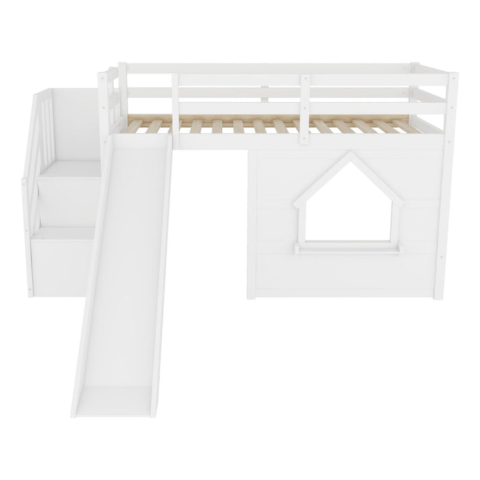Loft Bed With Storage Stairs, Slide, Playhouse Window And 7 Colors LED Lights