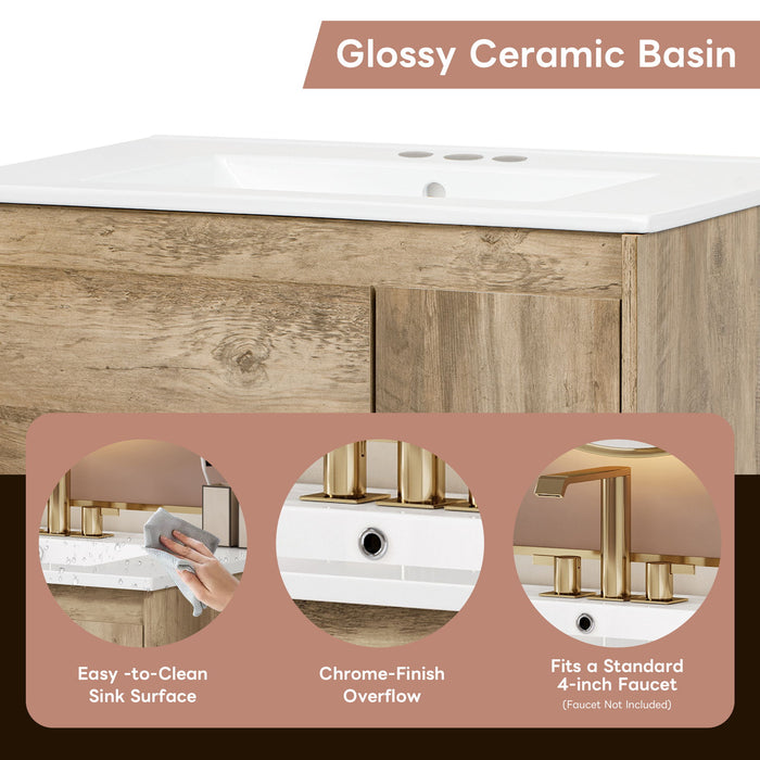 Bathroom Vanity Cabinet With Sink, Sliding Drawer, Soft Closing Door, Open Shelf - Natural Wood