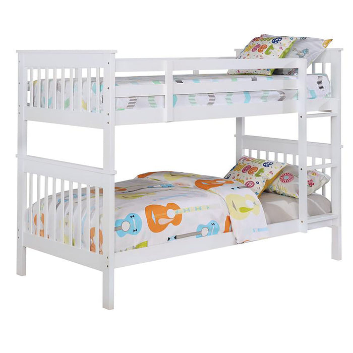Slatted - Headboard Twin / Twin Bunk Bed With Built In Ladder Design - White